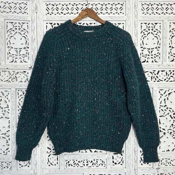 Vtg Gap Forest Green Rainbow Speckled Colorful 100% Wool Chunky Knit Sweater - Picture 1 of 6